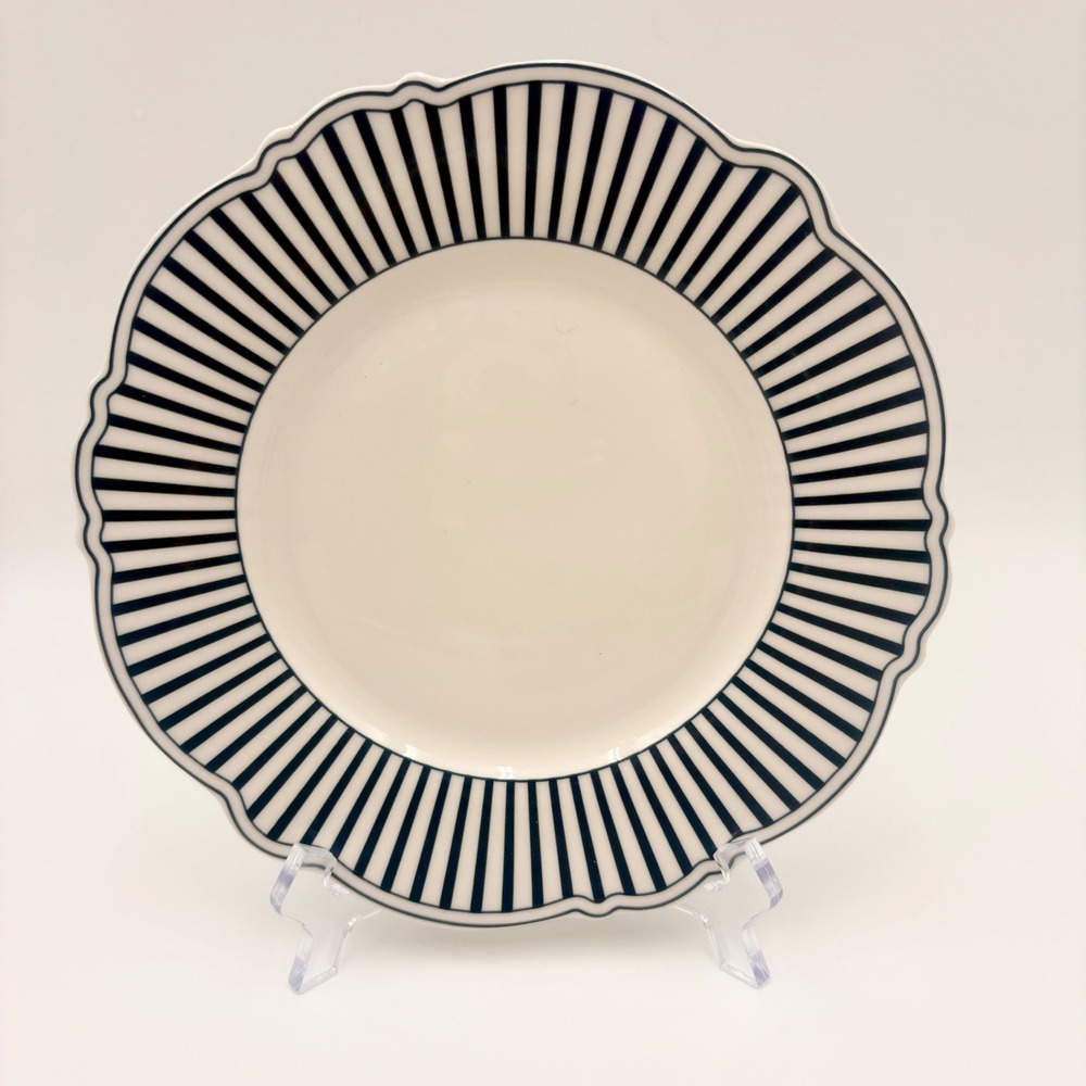 Monterey Bay Fine Porcelain Salad Plate Navy Blue White Striped Scalloped 8.25"